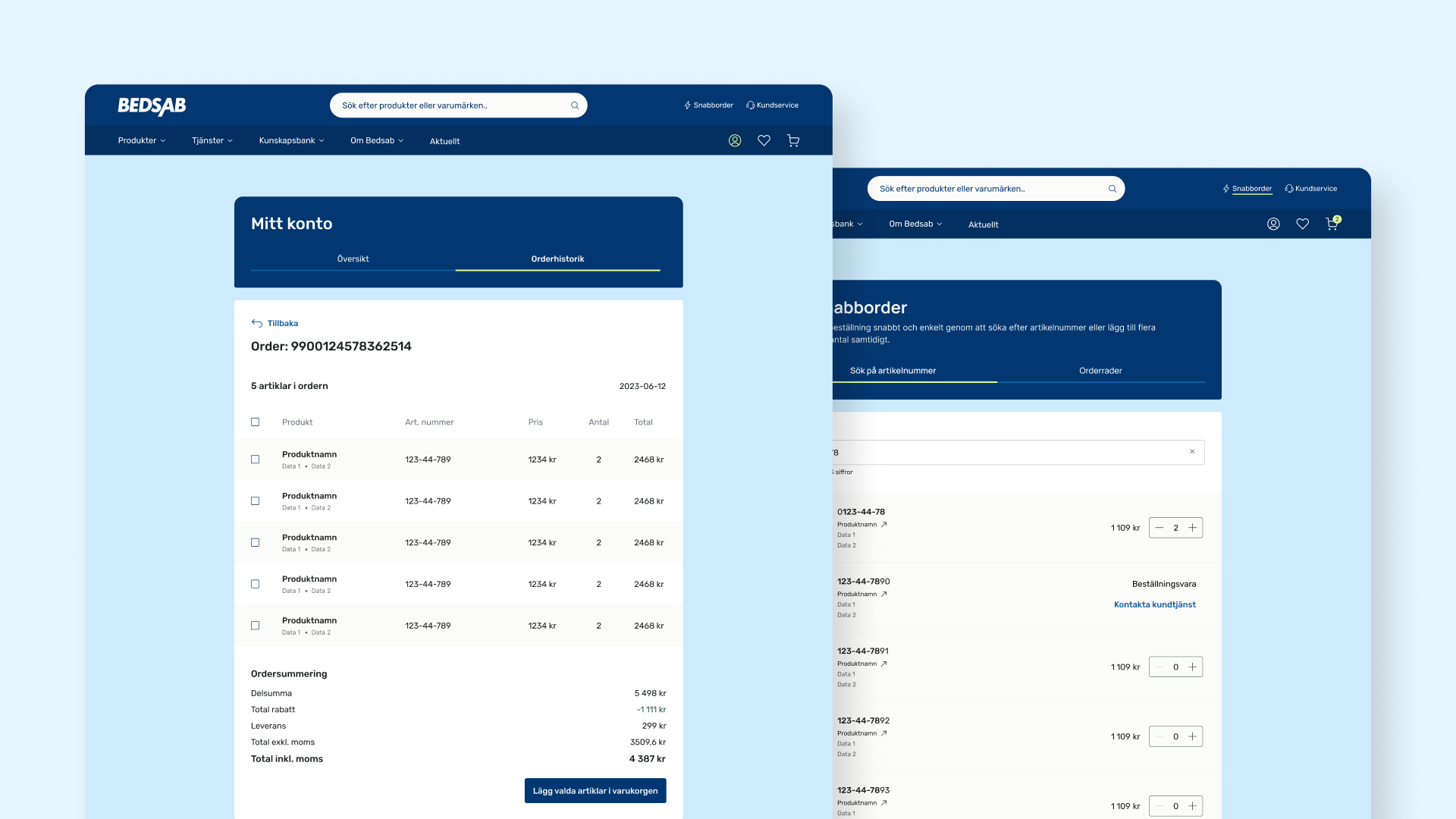 Bild på orderhistorik från Bedsabs nya webb
